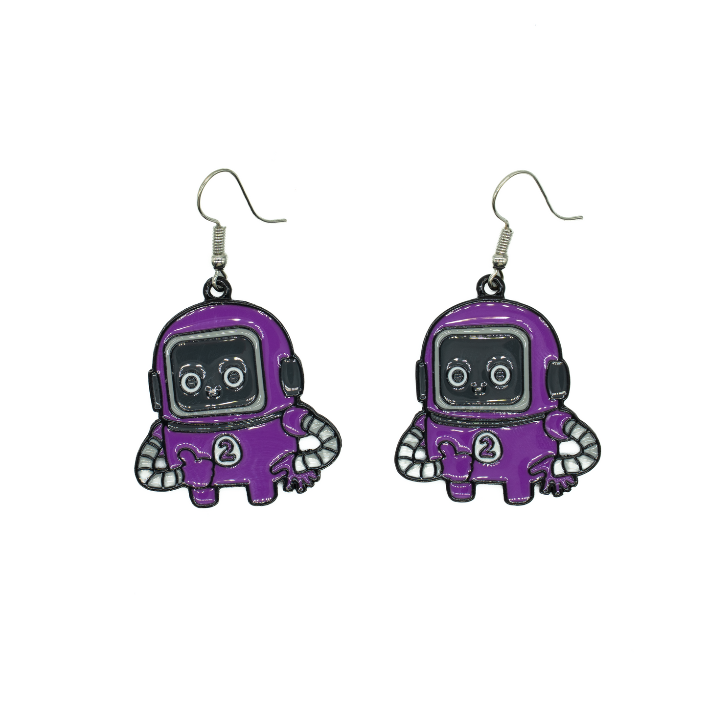 A pair of dangling earrings shaped like Cody with black and white facial features and silver fishhook wires, shown on a plain white background.