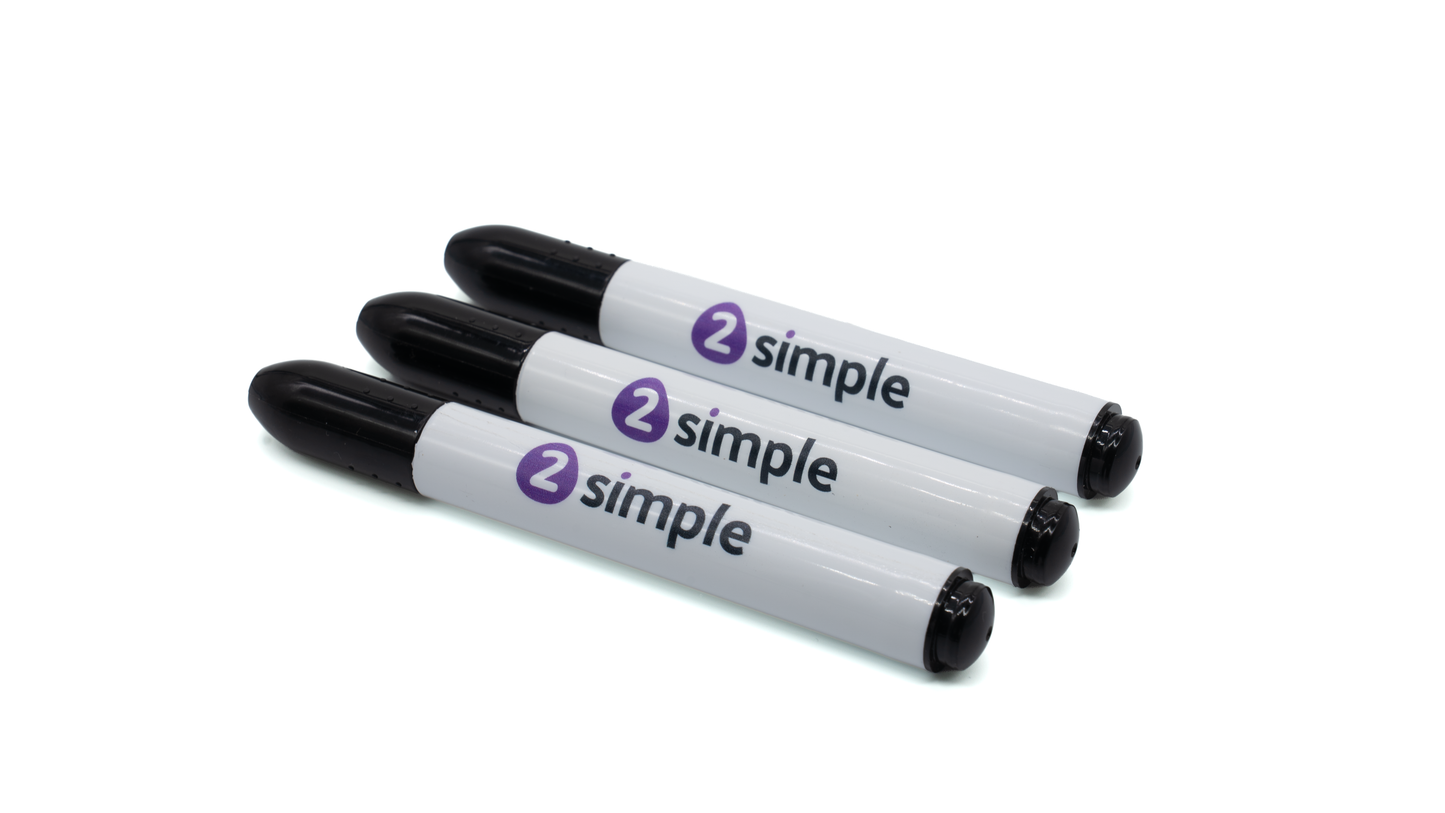 Three white dry-erase markers with black caps and a purple logo, arranged diagonally on a white background.